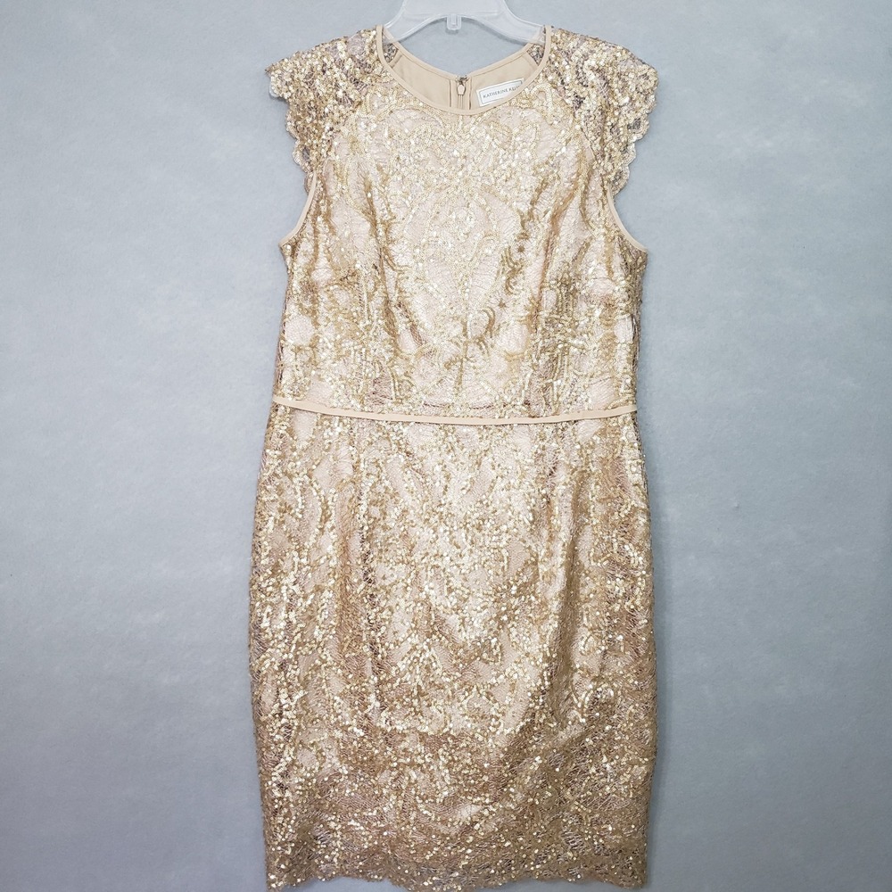 Katherine Kelly 14 Sheath Dress Gold Sequin Lace Cap Sleeve Formal Cocktail